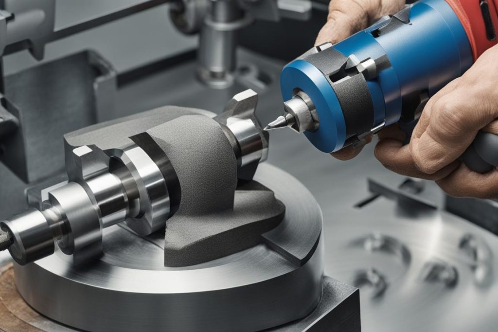 An image of a person using a bench grinder to sharpen a lathe tool bit with a focus on the grinding